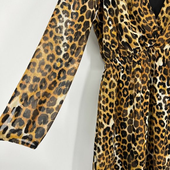 Express Dress Brown Black Leopard Print Long Sleeve Mini V Neck - Picture 5 of 11
